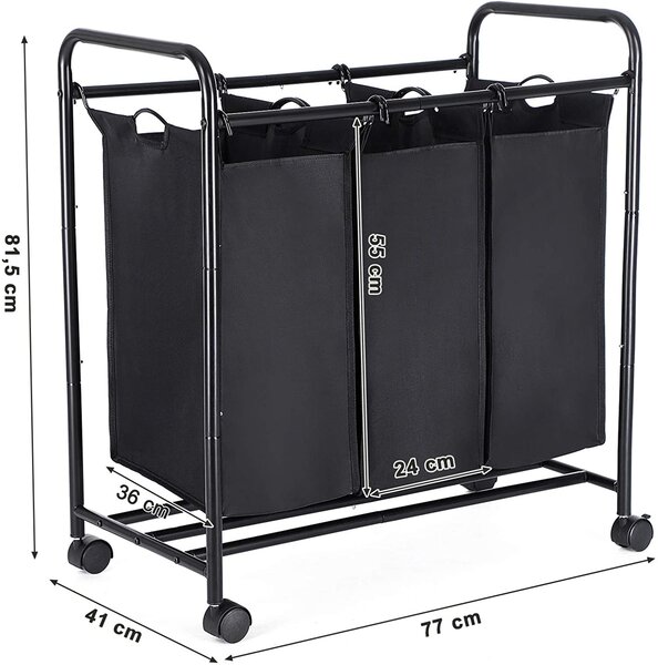 SONGMICS Koš na prádlo pojízdný černý 3 x 44 l