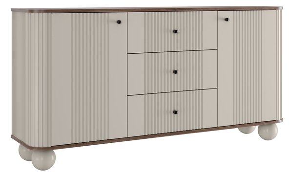 Komoda Vesper 160 cm se zásuvkami na kulových nohách - kašmír / ořech / černé úchyty