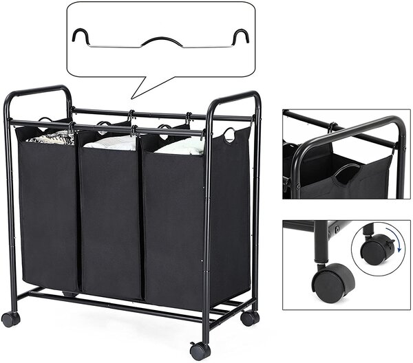 SONGMICS Koš na prádlo pojízdný černý 3 x 44 l