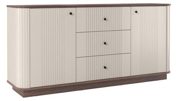 Komoda Vesper 160 cm se zásuvkami na soklu - kašmír / ořech / černé úchytky