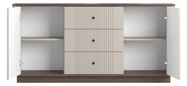 Komoda Vesper 160 cm se zásuvkami na soklu - kašmír / ořech / černé úchytky