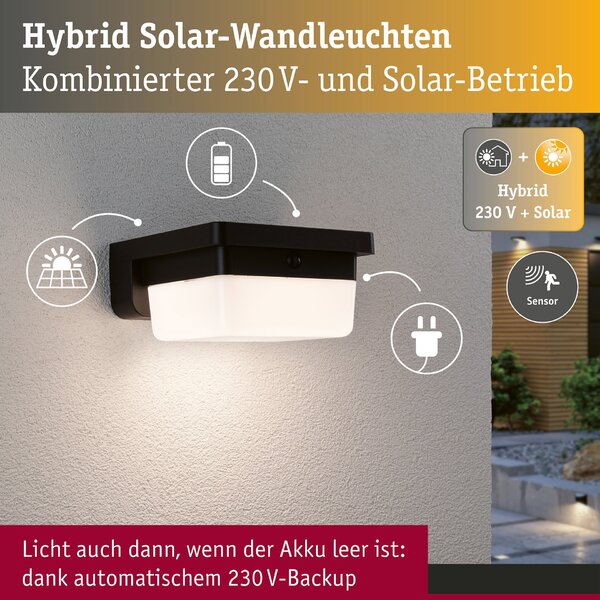 PAULMANN Hybrid LED venkovní nástěnné svítidlo Isleen domovní 230V + solární IP44 hranaté 163x163mm 3000K 2,3W 230V černá