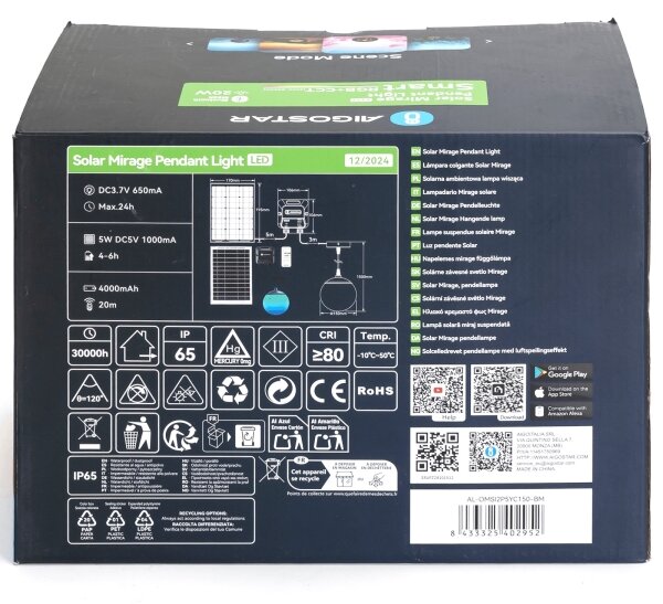 Aigostar-LED RGBW Solární lustr MESH 20W/3,7V 4000 mAh 2700K-6500K IP65 pr. 15 cm