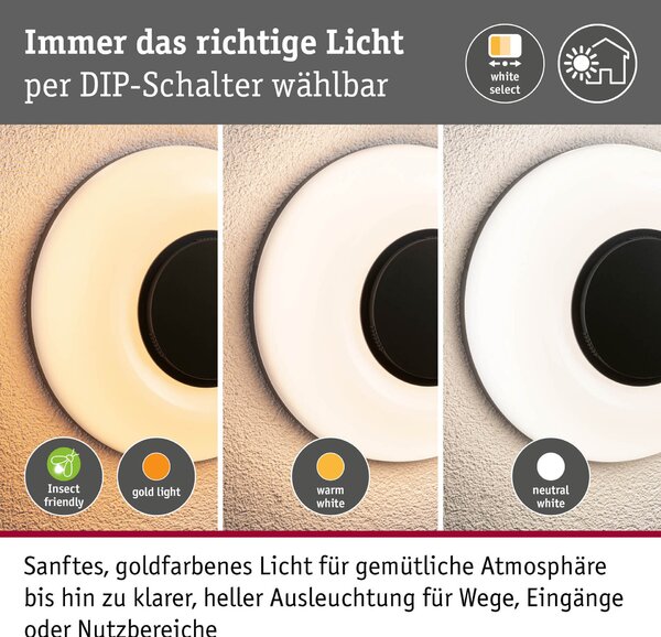 PAULMANN LED venkovní nástěnné svítidlo Aureva IP65 kruhové 220mm 2200 - 4000K 20,5W 230V antracit/bílá polykarbonát