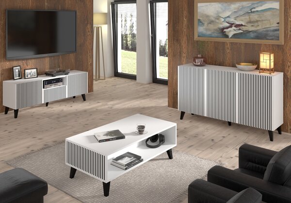 Komoda RAVENNA P 150 cm 3D BÍLÝ MAT / ČERNÝ MAT s frézovanými čely MDF vysoká skříňka bufet ČERNÉ NOHY
