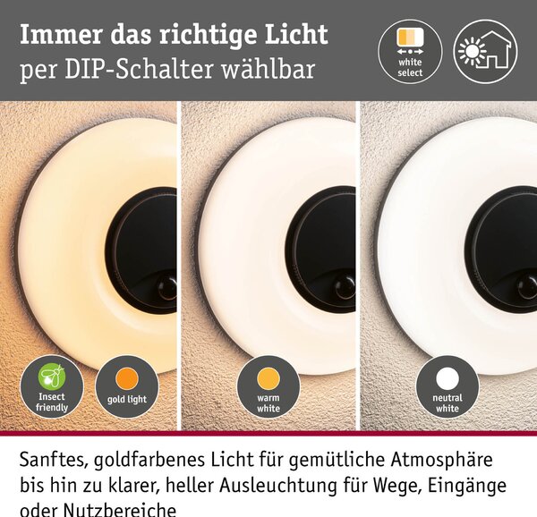 PAULMANN LED venkovní nástěnné svítidlo Aureva pohybové čidlo IP65 kruhové 220mm 2200 - 4000K 20,5W 230V antracit/bílá polykarbonát