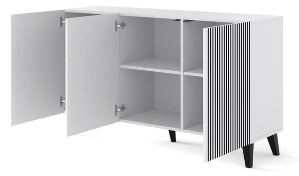 Komoda RAVENNA P 150 cm 3D BÍLÝ MAT / ČERNÝ MAT s frézovanými čely MDF vysoká skříňka bufet ČERNÉ NOHY