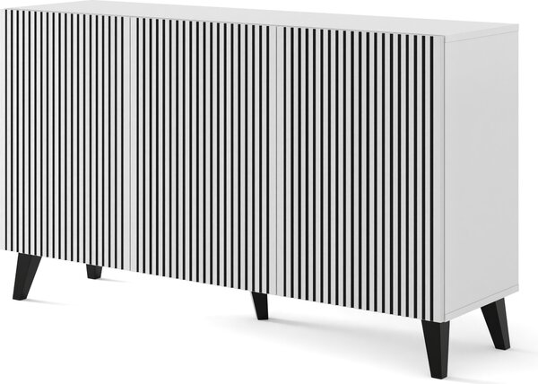 Komoda RAVENNA P 150 cm 3D BÍLÝ MAT / ČERNÝ MAT s frézovanými čely MDF vysoká skříňka bufet ČERNÉ NOHY