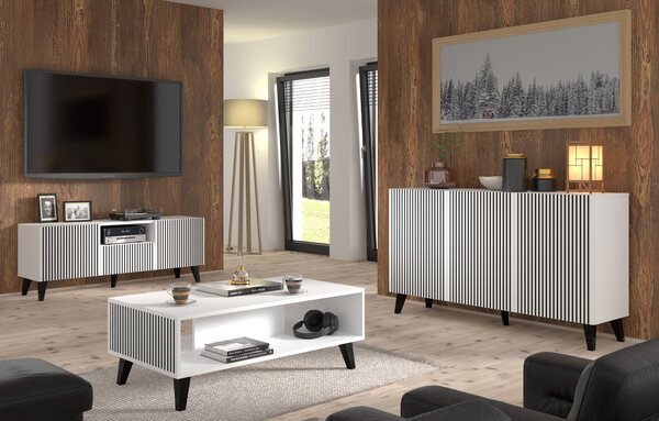 Komoda RAVENNA P 150 cm 3D BÍLÝ MAT / ČERNÝ MAT s frézovanými čely MDF vysoká skříňka bufet ČERNÉ NOHY