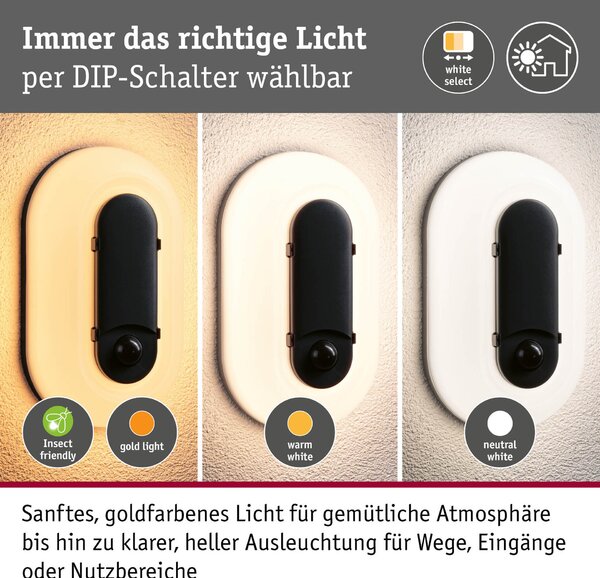 PAULMANN LED venkovní nástěnné svítidlo Elunor pohybové čidlo IP65 podlouhlé 122x212mm 2200 - 4000K 18,5W 230V antracit/bílá polykarbonát