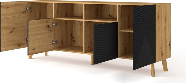 Komoda LUXI 4D 195 cm Artisan Dub / Černý mat Příborník Vysoká skříňka s frézovanými čely MDF s otevřenými policemi Bufetový stůl