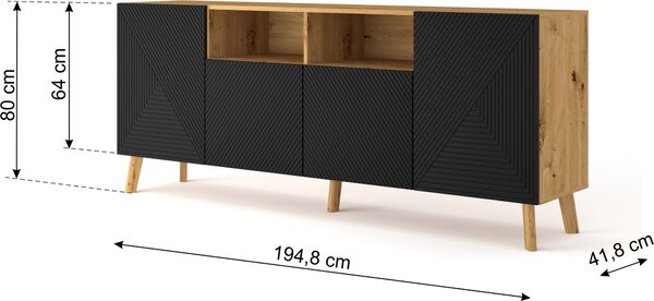 Komoda LUXI 4D 195 cm Artisan Dub / Černý mat Příborník Vysoká skříňka s frézovanými čely MDF s otevřenými policemi Bufetový stůl