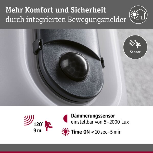 PAULMANN LED venkovní nástěnné svítidlo Elunor pohybové čidlo IP65 podlouhlé 122x212mm 2200 - 4000K 18,5W 230V antracit/bílá polykarbonát