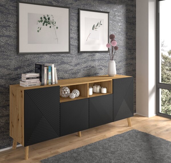 Komoda LUXI 4D 195 cm Artisan Dub / Černý mat Příborník Vysoká skříňka s frézovanými čely MDF s otevřenými policemi Bufetový stůl