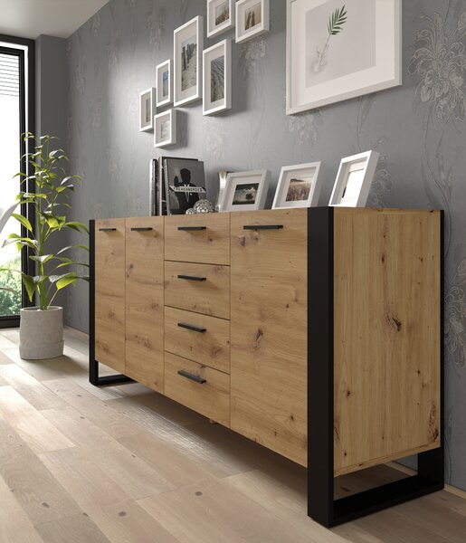 Komoda Nuka K 197 cm Příborník Highboard Cabinet Artisan Dub / Černá