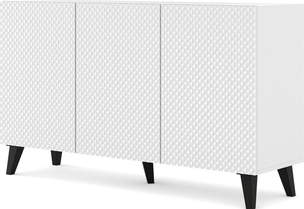 Komoda RAVENNA C 150 cm 3D BÍLÝ MAT / BÍLÝ LESK s černými nožičkami Americká frézovaná příborníková skříňka ve tvaru diamantu MDF 3 dveře vysoká skříňka otevřené police bufet s frézovanými čely diamantu