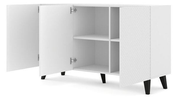 Komoda RAVENNA C 150 cm 3D BÍLÝ MAT / BÍLÝ LESK s černými nožičkami Americká frézovaná příborníková skříňka ve tvaru diamantu MDF 3 dveře vysoká skříňka otevřené police bufet s frézovanými čely diamantu