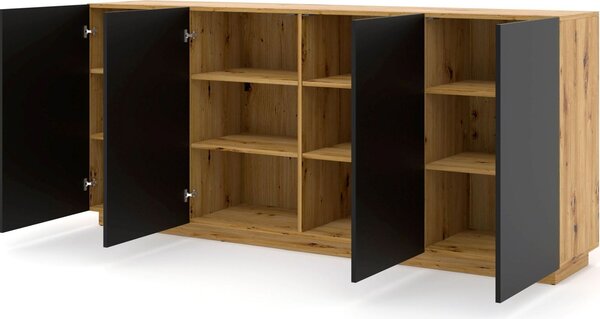 Komoda AURA 4D 198 cm ARTISAN OAK / BLACK MATT - Příborník - Vysoká komoda se 4 dvířky