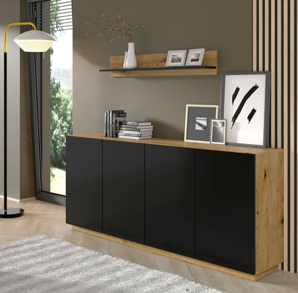 Komoda AURA 4D 198 cm ARTISAN OAK / BLACK MATT - Příborník - Vysoká komoda se 4 dvířky
