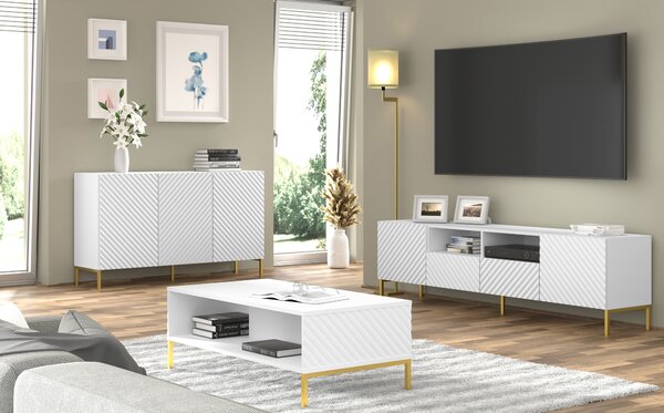 Komoda SURF 3D 150 cm BÍLÁ MATNÁ Příborník 3 dvířka s frézovanými čely MDF vysoká skříň skříňka bufetové nohy ZLATÁ