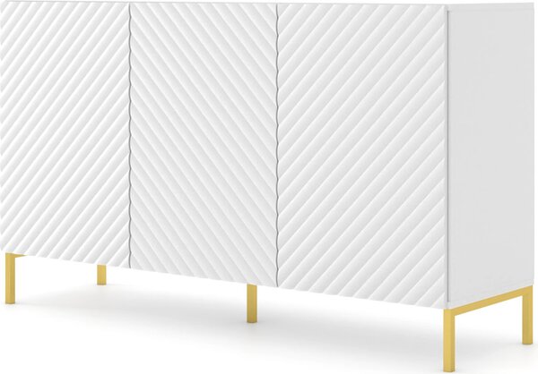 Komoda SURF 3D 150 cm BÍLÁ MATNÁ Příborník 3 dvířka s frézovanými čely MDF vysoká skříň skříňka bufetové nohy ZLATÁ