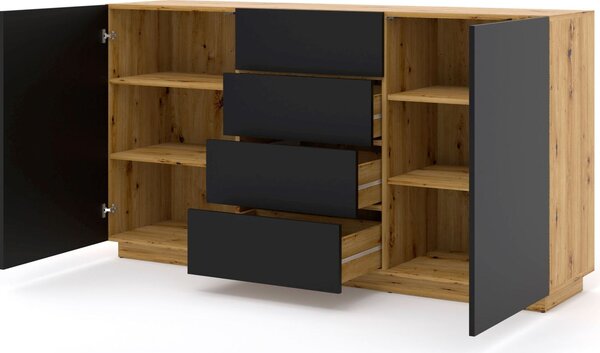 Komoda AURA 2D4S 164 cm ARTISAN DUB / ČERNÁ MATNÁ – příborník – vysoký příborník se 2 dvířky – 4 zásuvky