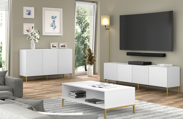 Komoda SURF 3D 150 cm BÍLÁ MATNÁ Příborník 3 dvířka s frézovanými čely MDF vysoká skříň skříňka bufetové nohy ZLATÁ