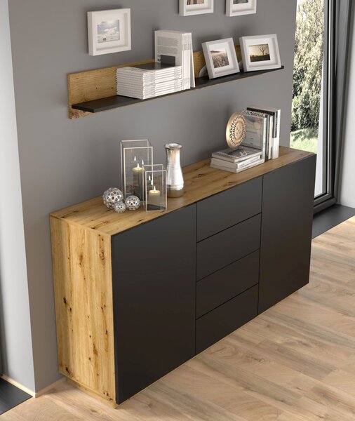 Komoda AURA 2D4S 164 cm ARTISAN DUB / ČERNÁ MATNÁ – příborník – vysoký příborník se 2 dvířky – 4 zásuvky