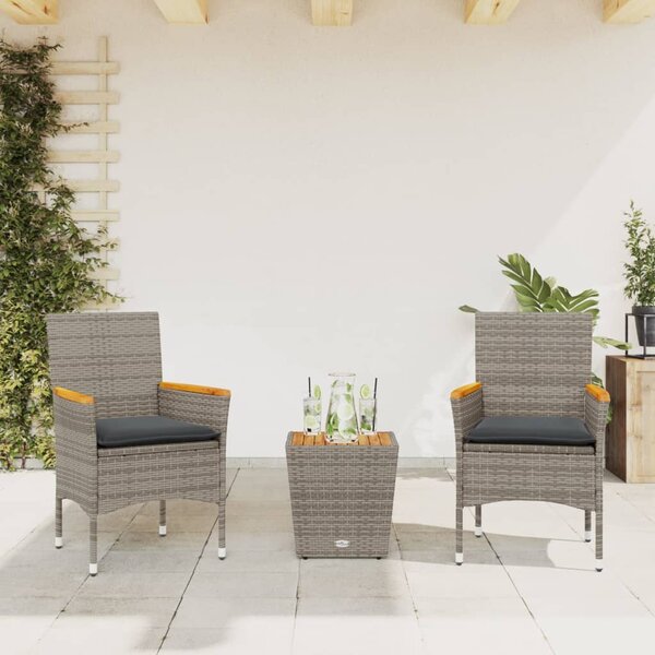 3dílný bistro set s poduškami šedý polyratan a sklo