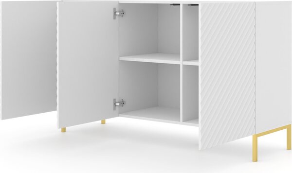 Komoda SURF 3D 150 cm BÍLÁ MATNÁ Příborník 3 dvířka s frézovanými čely MDF vysoká skříň skříňka bufetové nohy ZLATÁ
