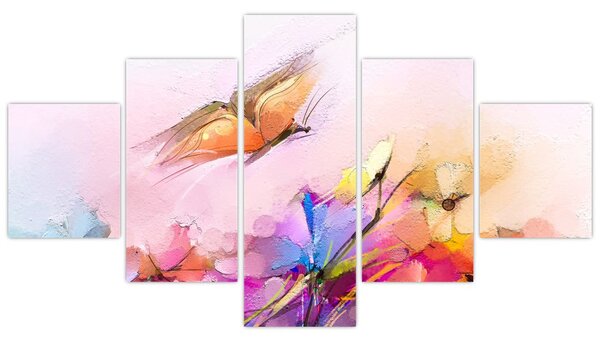 Obraz - Motýl nad květinou, abstrakce (125x70 cm)
