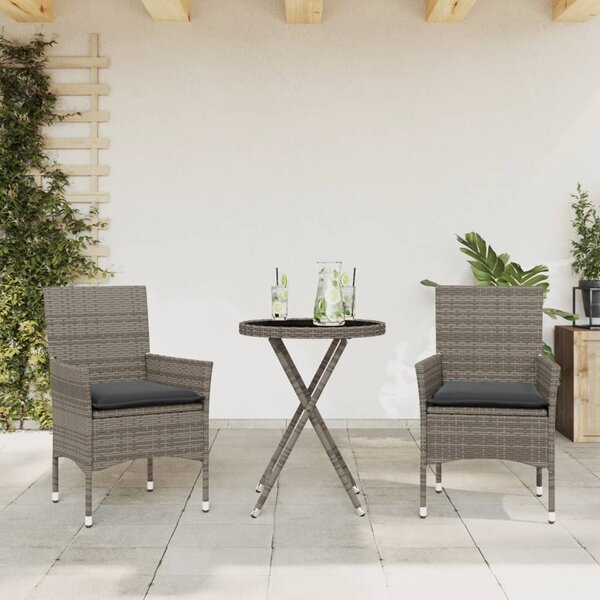 3dílný bistro set s poduškami šedý polyratan a sklo