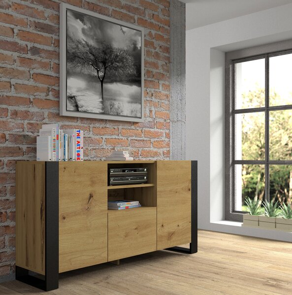 Komoda MONDI 158 cm Příborník Highboard Cabinet Řemeslně zpracovaný dub Černé nohy