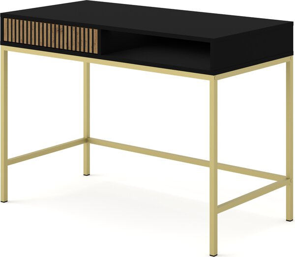 Toaletní stolek Ravenna F 112x50 cm BLACK MATT / ARTISAN OAK - Konzola se zásuvkou - Moderní toaletní stolek - Psací stůl s frézovanými čely - Zlatý rám
