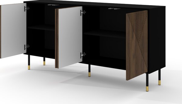 Komoda WOODY IV 4D 180 cm BLACK MATT / CATANIA OAK frézovaná čela MDF příborník vysoká skříňka na nožičkách