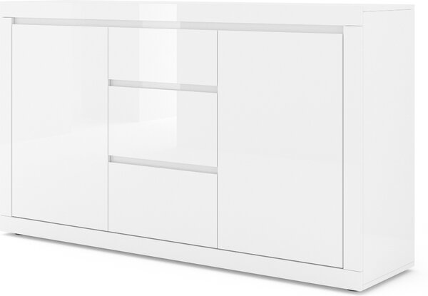 Komoda Bello Bianco III 150 cm Příborník Vysoká skříň Dvě police, TŘI zásuvky Italský bílý mat/bílý vysoký lesk