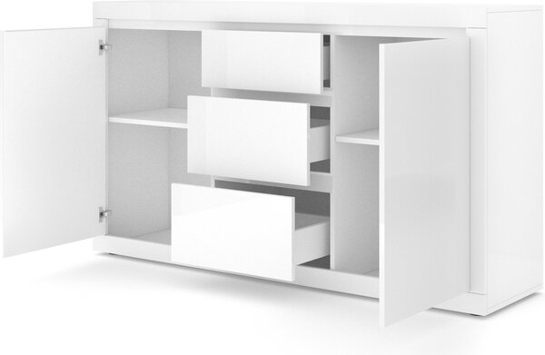 Komoda Bello Bianco III 150 cm Příborník Vysoká skříň Dvě police, TŘI zásuvky Italský bílý mat/bílý vysoký lesk