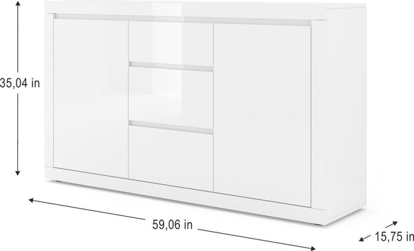 Komoda Bello Bianco III 150 cm Příborník Vysoká skříň Dvě police, TŘI zásuvky Italský bílý mat/bílý vysoký lesk