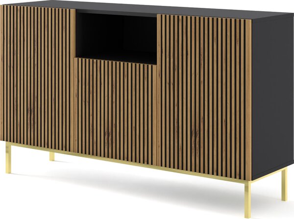 Komoda RAVENNA A 150 cm 2D1DM rám ČERNÝ MAT / DUB ARTISAN Příborník MDF 3 dveře vysoká skříňka otevřené police bufet s frézovanými čely