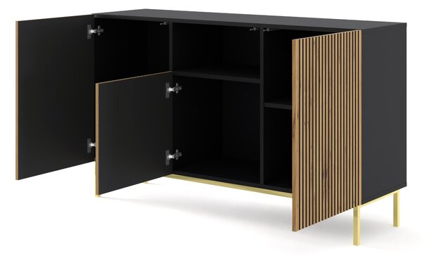 Komoda RAVENNA A 150 cm 2D1DM rám ČERNÝ MAT / DUB ARTISAN Příborník MDF 3 dveře vysoká skříňka otevřené police bufet s frézovanými čely