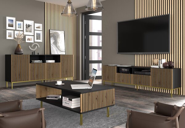 Komoda RAVENNA A 150 cm 2D1DM rám ČERNÝ MAT / DUB ARTISAN Příborník MDF 3 dveře vysoká skříňka otevřené police bufet s frézovanými čely