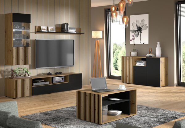 Komoda AURIS 3D 135 cm Skříň se 3 dvířky Artisan Dub / Černý matný