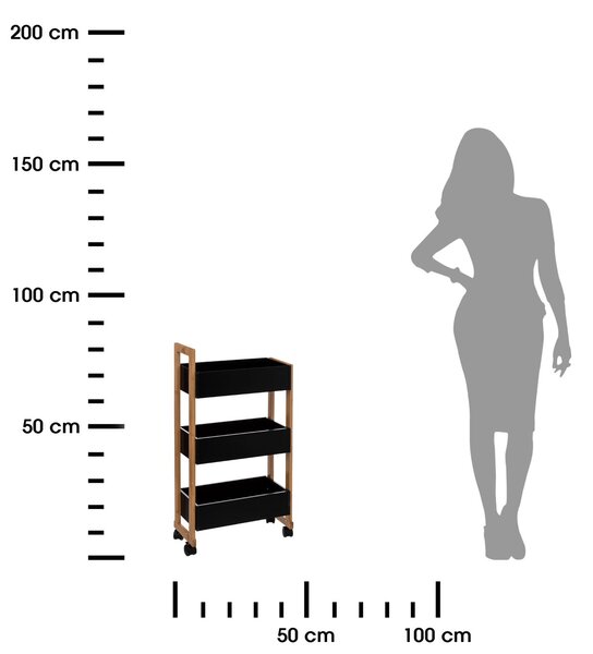 Polička do koupelny na kolečkách Natureo, černá/s dřevěnými prvky