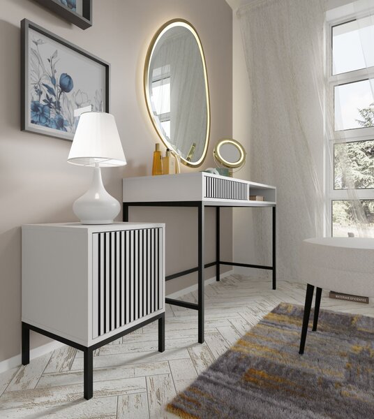 Toaletní stolek Ravenna F 112x50 cm BÍLÝ MAT / ČERNÝ MAT - Konzola se zásuvkou - Moderní toaletní stolek - Psací stůl s frézovanými čely - Černý rám