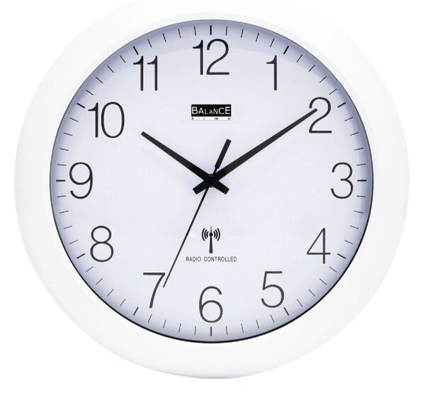 Balance Bílé nástěnné hodiny řízené rádiem, průměr 30 cm