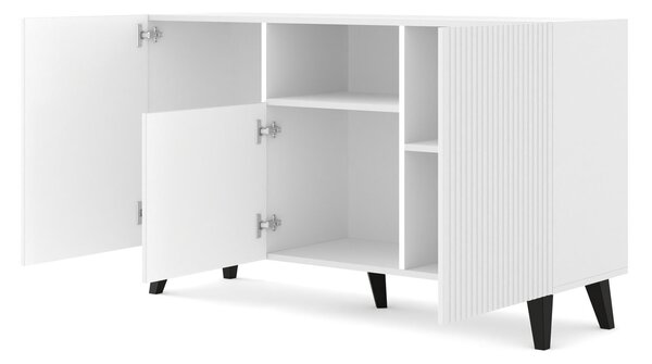 Komoda RAVENNA B 150 cm 2D1DM BÍLÝ MAT / BÍLÝ MAT s černými nožičkami Americký příborník MDF 3 dveře vysoká skříňka otevřené police bufet s frézovanými čely