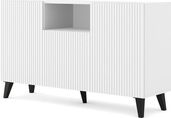 Komoda RAVENNA B 150 cm 2D1DM BÍLÝ MAT / BÍLÝ MAT s černými nožičkami Americký příborník MDF 3 dveře vysoká skříňka otevřené police bufet s frézovanými čely