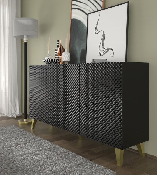 Komoda RAVENNA C 150 cm 3D ČERNÝ MAT / ČERNÝ LESK se zlatými nožičkami US Diamantový frézovaný příborník MDF 3 dveře vysoká skříňka otevřené police bufet s frézovanými čely diamantový