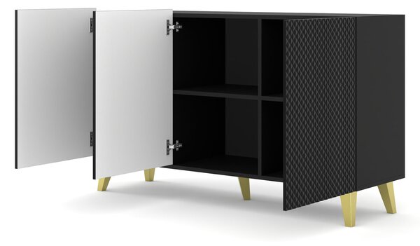 Komoda RAVENNA C 150 cm 3D ČERNÝ MAT / ČERNÝ LESK se zlatými nožičkami US Diamantový frézovaný příborník MDF 3 dveře vysoká skříňka otevřené police bufet s frézovanými čely diamantový