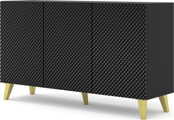 Komoda RAVENNA C 150 cm 3D ČERNÝ MAT / ČERNÝ LESK se zlatými nožičkami US Diamantový frézovaný příborník MDF 3 dveře vysoká skříňka otevřené police bufet s frézovanými čely diamantový
